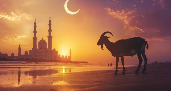 منظر رمزي لعيد الأضحى مع هلال ومسجد عند غروب الشمس على الشاطئ